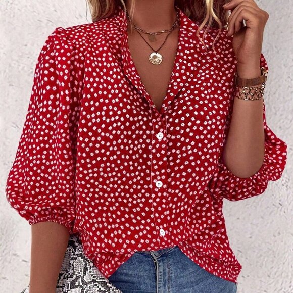 Tops - Red Boho Women's Floral Single Button Blouse